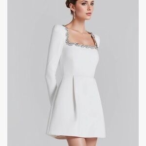 White Long Sleeve Velvet Dress with Floral Rhinestone Embellishments